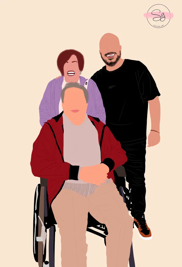 Ritratto illustrato di famiglia con nonni, stile No Eye